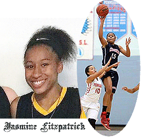 Willingboro Chimera Jasmine Fitzgerald, girl's basketball player in New Jersey. Willingsboro, number 15, in dark blue uniform, in air with one handed shot, and portrait.