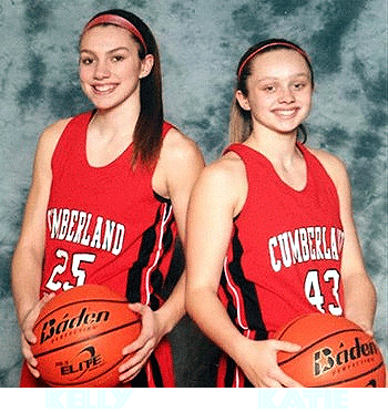 Image of Kelly and Katie Jekot, Cumberland Valley girl basketball playing sisters, back to back, with basketballs, in red unforms. Kelly, #25, on the left and Katie, #43 on the right.