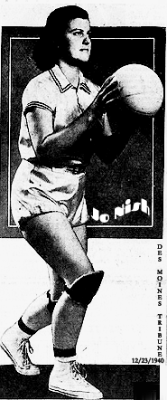 Photo image from the Des Moines Tribune, December 23, 1940, of Jo Nish, Waukee High School (Iowa) girls basketball player, shooting a set shot towards our right.