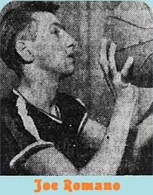 close-up image, profile, of Joe Romano, Coalsdale Catholic High School, shootng a shot to our right. Profile. From The Morning Call, Allentown, Pennsylvania, December 14, 1952.