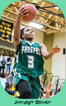 Image of Jordyn Oliver, Prosper High School (Texas) girls basketball player, 2018-19, going up for a lay-up, in dark green uniform, number 3.
