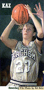 Image of Nicole (Kaz) Kaczmarski, Sachem High girls basketball player, in Suffolk County, Long Island, New York. #23 shooting a foul shot, Newsday file photo by Ed Betz.