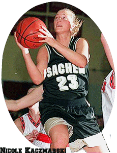 Image of Nicole Kaczmarski, girls basketball player for Sachem High School, in Suffolk County, Long Island, New York, graduated 1999, in dark uniform, #23, shooting a jump shot.
