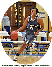 North Carolina girls high school basketball player Kayla Jones of Riverside HS, bring ball upcourt in green #21 uniform. Photo  by Beth Jewell, HighSchoolOT.com contributer.