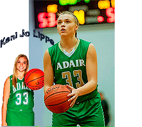 Keni Jo Lippe, Oklahoma girls basketball player, #33, in green uniforms of Adair High School. Shooting a foul shot and just posing with ball.