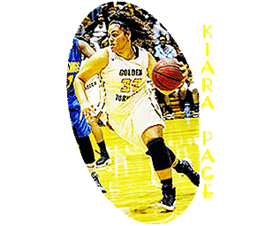 Image of Kiara Page, girls basketball player for Fairmont High School in North Carolina, driving with the basketball facing to our left. In white GOLDEN TORNADOES (in black) uniform, number 32 (in yellow).