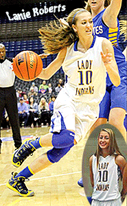 Lanie Roberts, Lipan LAdy Indian basketball player (Texas), #10, driving ball around player, plus team photo picture.