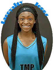 Laroyalty Jones, Palmetto Scholars Academy girls basketball player in blue AAU TMP team uniform, long hair to each side.