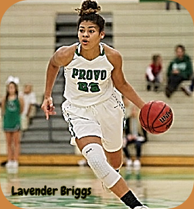 Action shot of girls basketball player, Lavender Briggs, coming up court with basketball, in white Provo (Utah) High School uniform #23.