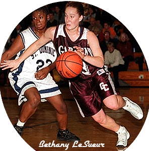 Image of Bethany LeSueur, Garden City High School girls basketball player, Nassau County, Long Island, New York, dribbling upcourt in black uniform, #23.