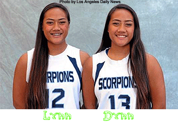 Twins Geralynn Leaupepe (#12) and Geraldynn Leaupepe (#13), girl basketball players on the Camarillo High Scorpions team.