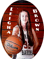 Image of Leigha Brown, DeKalb Barons girls high school basketball player (Indiana), in white uniform, number 32, holding basketball out towards camera.