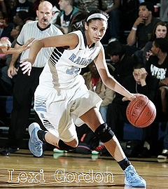 Image of Lexi Gordon, Bell High School Raiders girl basketball player, dribbling the ball upcourt.