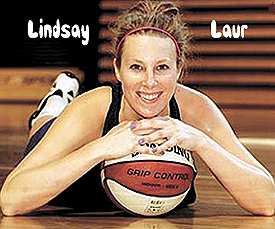 Image of Lindsay Laur, lying down, looking straight ahead, arms folded below resting on a basketball