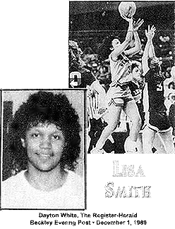 Images of Lisa Smith, girls basketball player for the Mullens High School Rebelettes (West Virginia). Sideview of her going up for a shot near basket, also portrait image. Photo: Dayton White, The Register-Herald, Beckley Evening Post, December 1, 1989.