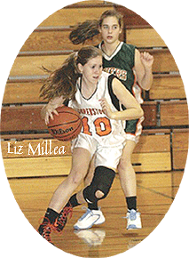 Liz Millea, number 10 in white home uniform, dribbling ball upcourt, for Central High (Cooperstown) versus Frankfort-Schuyler, 1/12/2016. Scored 46 points.