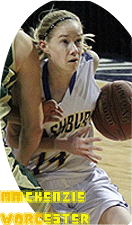 Mackenzie Worcester, Washburn Beaver girls basketball player (Maine), number 14, driving to basket. From uncredited photo