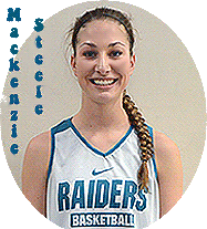 Portrait of Mackenzie Steele, gilrs basketball player for Plant City High (Florida), in white practice uniform, with pig tail.