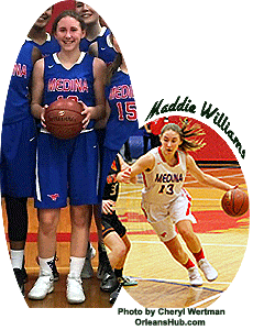 Images of girls basketball player, Maddie Williams of Medina High School, New York. Number 13, standing with basketball, cropped from team photo, in blue uniform, #13, and an action shot in white uniform, driving with basketball.