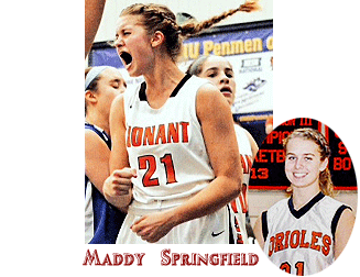 Images of Maddy Springfield, Conant High Oriole girls basketball player in New Hampshire. Number 21 in action shot exalting and in portrait.