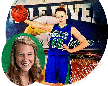 Madi Schirmer, Maple River High School (Minnesota) girls' basketball player, in both team portrait, and in blue 'EAGLES' uniform, holding ball out, to side, with right hand and arm.