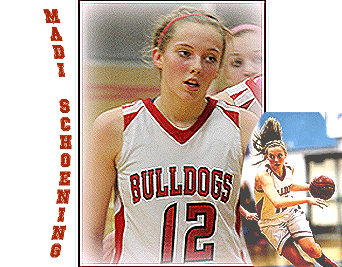 Images of Madi Schoening, Sandpoint High School girls basketball player, as 2015 sophomore, in #12 white Bulldog uniform, portrait and action shot eith basketball.