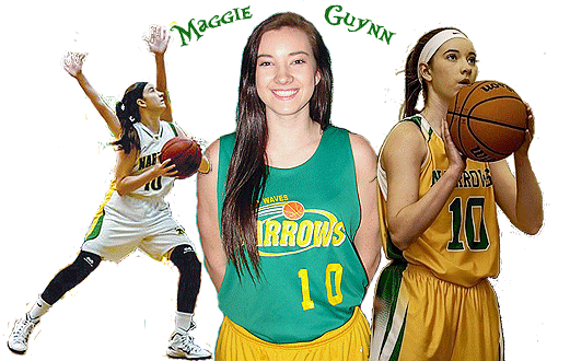 Three images of Maggie Guynn, girls basketball player on the Narrows High School Lady Waves. On the left is her with basketball going in for a shot, in her white uniform (number ten). In the middle is her posing for a portrait in a practice uniform, green shirt with yellow lettering and yellow shorts. On the right is she, in a yellow uniform, about to shoot a foul shot.