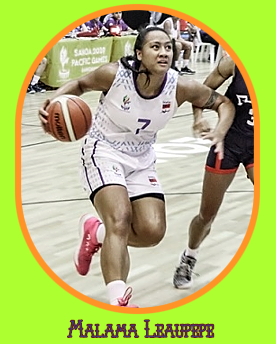Image of Malama Leaupepe, Samoan women's basketball player, #7, with basketball, driving to the basket.
