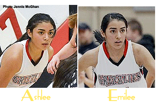 Images of Ashlee and Emilee Maldonado, basketball playing sisters for the Sunnyside High School Grizzlies in the state of Washington. In defensive stances, intently looking ahead. In white Grizzly uniforms. Ashlee Maldonado's photo by Jennie McGhan, Yakima Valley Daily Sun-News; the Emilee Maldonado photo is NDY SAWYER/El Sol de Yakima.