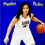 Image of Marlee Kyles, girls basketball player for Larkin High School (Illinois) posing while dribbling basketball, in uniform #3.