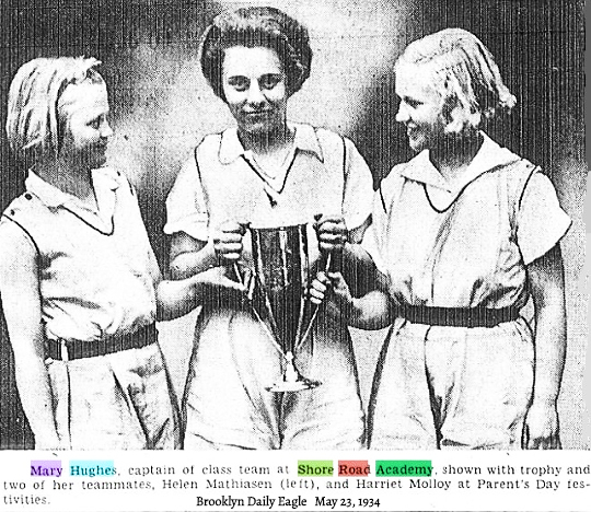 From the Brooklyn Daily Eagle, Brooklyn, New York, May 23, 1934. Caption reads: Mary Hughes, captain of class team at Shore Road Academy, shown with trophy and two of her teammates, Helen Mathiasen (left) and Harriet Molloy at Parent's Day festivities.