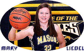 Mary Liedel, girls basketball player for Erie-Mason High School, Ohio. Pictured posing in dark uniform reading, MASON and #32 in white trimmed yellow serifed lettering, holding a basketball with her right hand, as if lifting a weight above her shoulder.