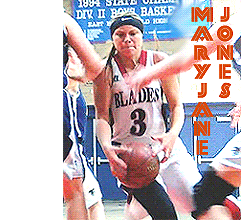 Image of Maryjane Jones, Bakersfield East High (California) girls basketball player charging past defenders in white BLADES number 3 uniform.