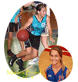 Images of Mattea Breed, Palmerston Power (Darwin Basketball Association, Australia) from 2014 when on U14 team. Number 65 with ball in game and as #11 in portrait.