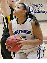 Carthage High School Tiger (Missouri) girls basketball player about to shoot ball. Photo by Kristen Stacy, Joplin Globe.