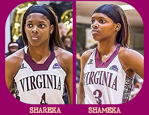 Images of identical twin sister basketball players on Virgina Union University's team, Shareka (#4) and Shameka (#3) McNeill, in white uniforms..