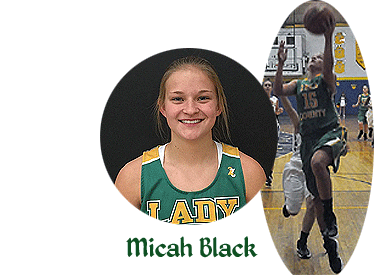 Image of Micah Black, Rhea County High School (Tennessee) girls basketball player. Portrait and shot going up for layup in green uniform. Lady Eagle #15.