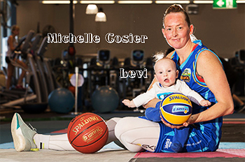 Picture of Michelle Cosier in a Canberra Capitals uniform, sitting with her son, Levi, and two basketballs.