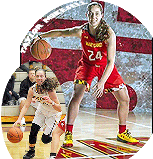 Two images of Taylor Mikesell, #24 on the Jackson High Polar Bears. One in a Maryland uniform.