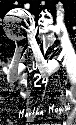 Image of Martha Mogish, #24, shooting a foul shot towards our left, in a LUDDEN uniform for her Bishop Ludden High School team (New York). From The Post-Standard, Syracuse, N.Y., March 5, 1977. Photo by Dick Blume.