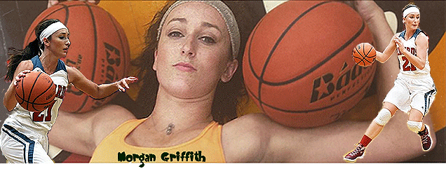 Images of Morgan Griffith, Illinois girls basketball player. Big close up, holding two basketballs on her shoulders and two action shots in white uniform, #21, with basketball.