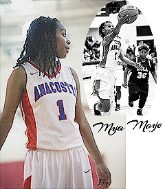 TWo images of girls basketball player, Mya Moye, in her Anacostia High School (District of Columbia) uniform #1. Facing to our right and a black and white action shot from the 2017 D.C. championship game.