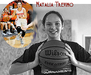 Black and white portrait from shoulders of Natalie Trevino, girls basketball player of United High School (Laredo). Also an action shot of her dribbling basketball upcourt (facing us).