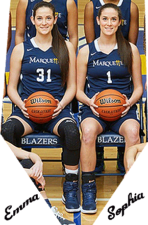Twin basketball playing sisters, the Nolan twins, on the Marquette Catholic high school team of Indiana, sitting with basketballs in blue uniforms. Cropped from team photo, #31 is Emma Nolan, #1 is Sophia Nolan.