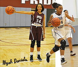 Images of Nyah Daniels, Speer Academy (Chicago) girls basketball player, in uniform #34. In one picture, posing, in black uniform, with basketball extended straight out with right arm, the second is of her, in white uniform, dribbling the ball upcourt.