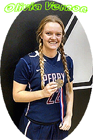 Image of Olivia Vernon, Perry Pumas girls high school basketball player (Arizona), posing in blue uniform (#22) and (blonde) pigtails holding medal from 2016-17 holiday tournament.