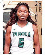 Image of women's basketball player posing in her #5 Panola College uniform, green numeral and 'PANOLA' in green on white.