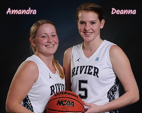 Picture of the Purcell sisters, women basketball playing sisters for Rivier College, Amandra (left) and Deanna (right, #5), both posing, holding basketball.