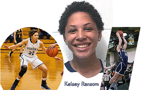 Images of Kelsey RAnsom, Pingrey School girls basketball player (New Jersey). Portrait and her in white uniform (#32) guarding an opponent and image of her jumping for the basket in dark blue uniform.