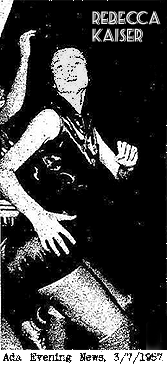 Image of Iowa 6-on-6 girls basketball player, Rebecca Kaiser, in a 3/7/1957 game, from the Ada Evening News, March 8, 1957 (misidentified in legend below image here).